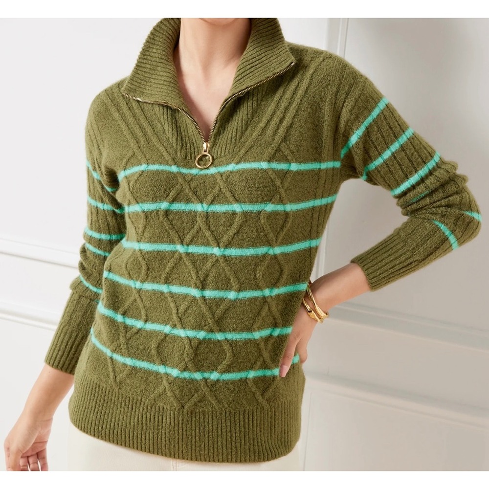 New Talbots Olive Green Mint Stripe Cable Knit Quarter Zip Pullover Sweater‎ 2X - Picture 4 of 11